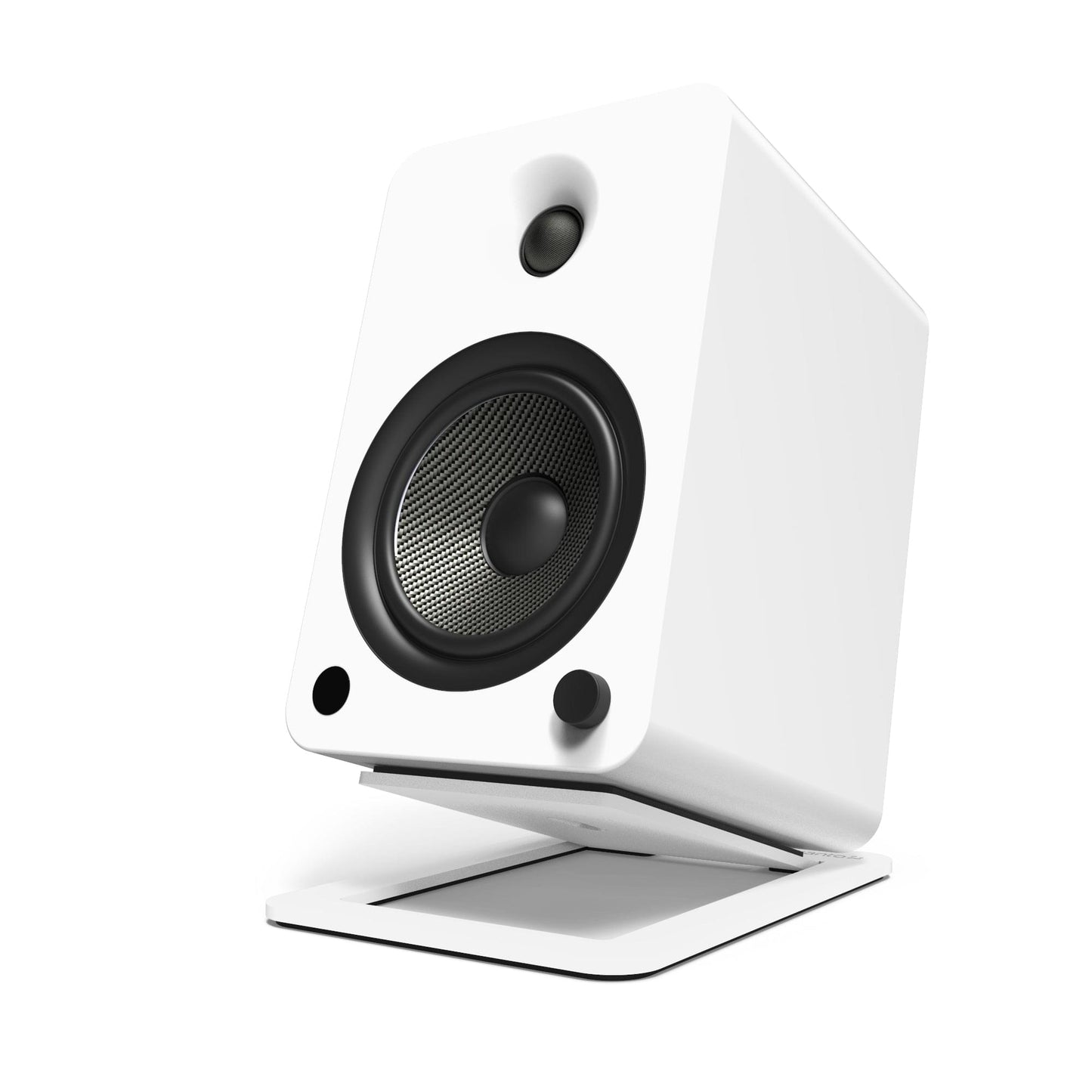 White angled stand supporting a large white speaker with black drivers