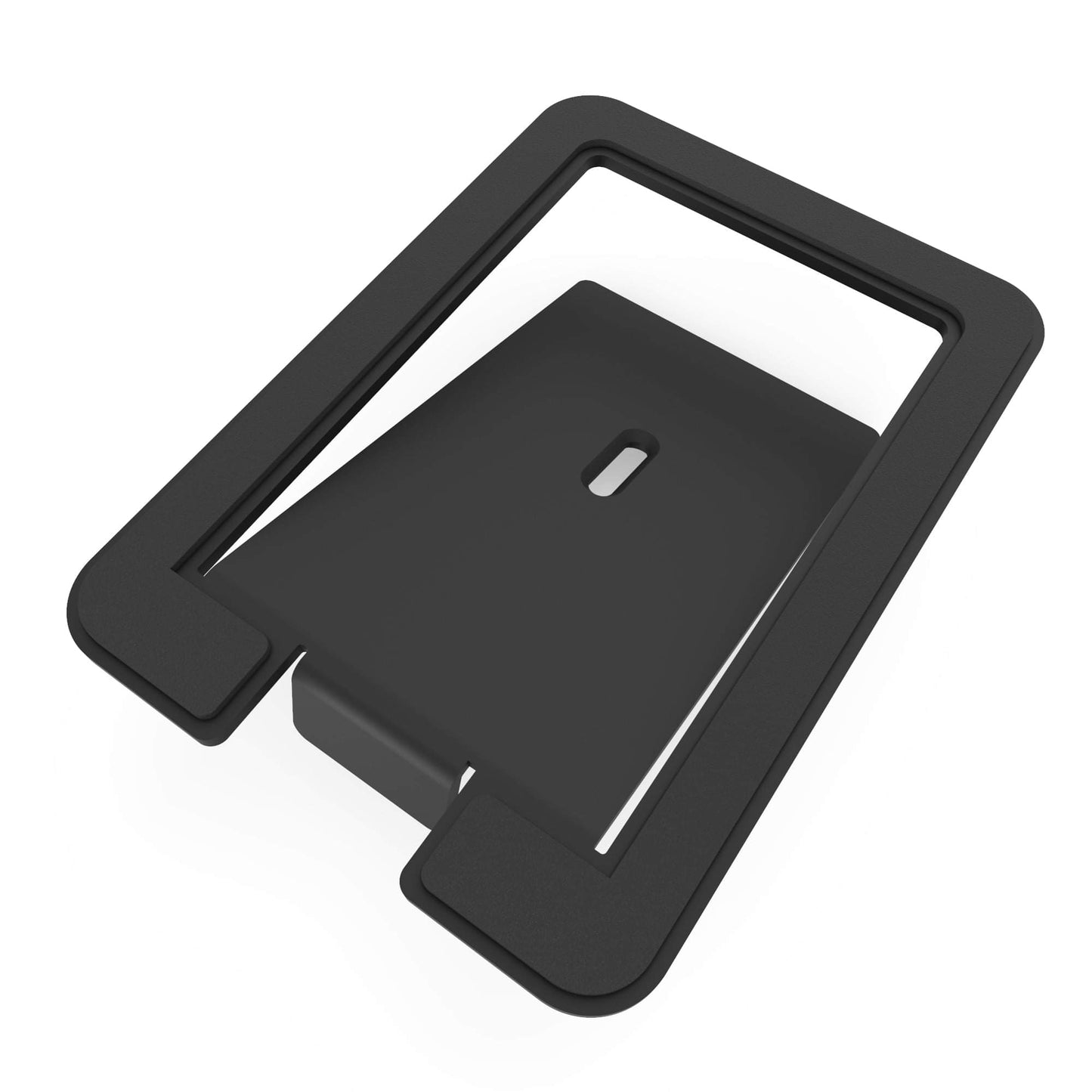 Black angled desktop speaker stand with wide base and support arms, for large speakers