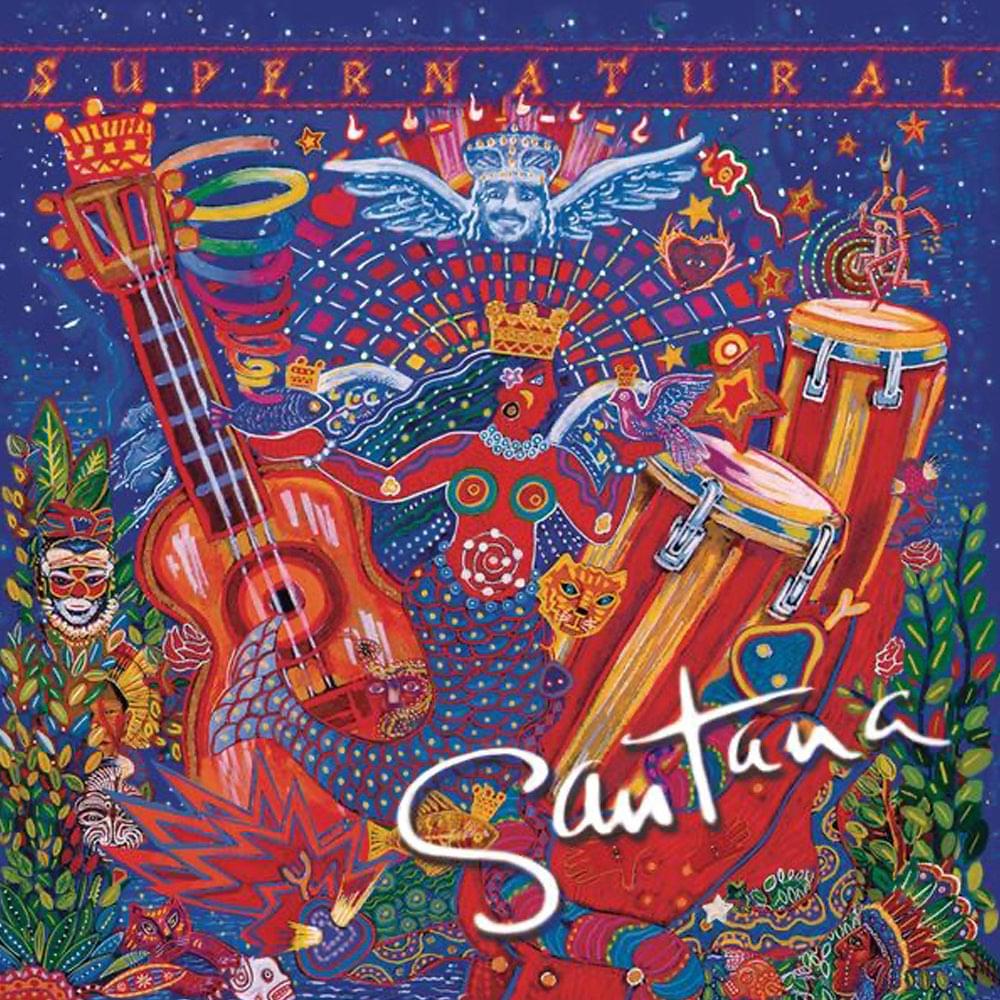Vinyl album cover with colorful surreal artwork, drums and guitar-like instruments