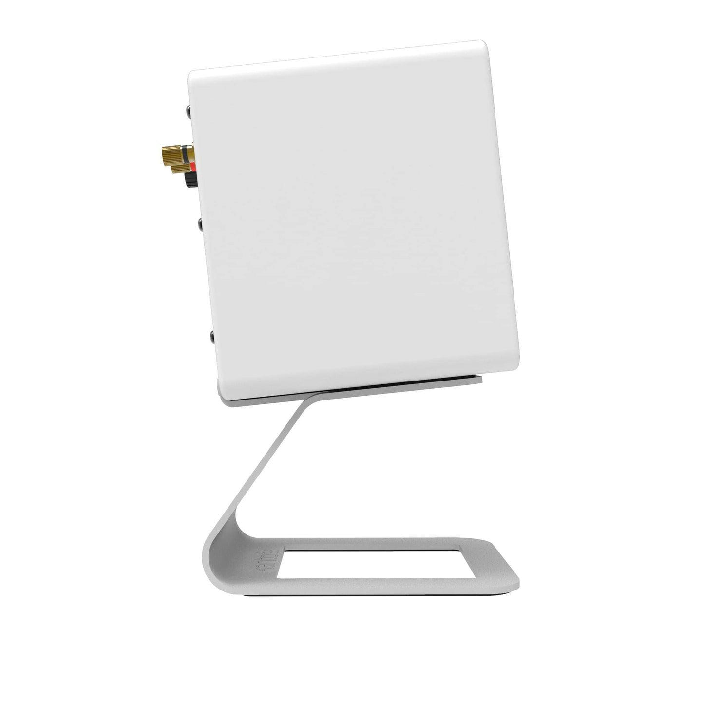 White desktop speaker stand with front base and rear input area