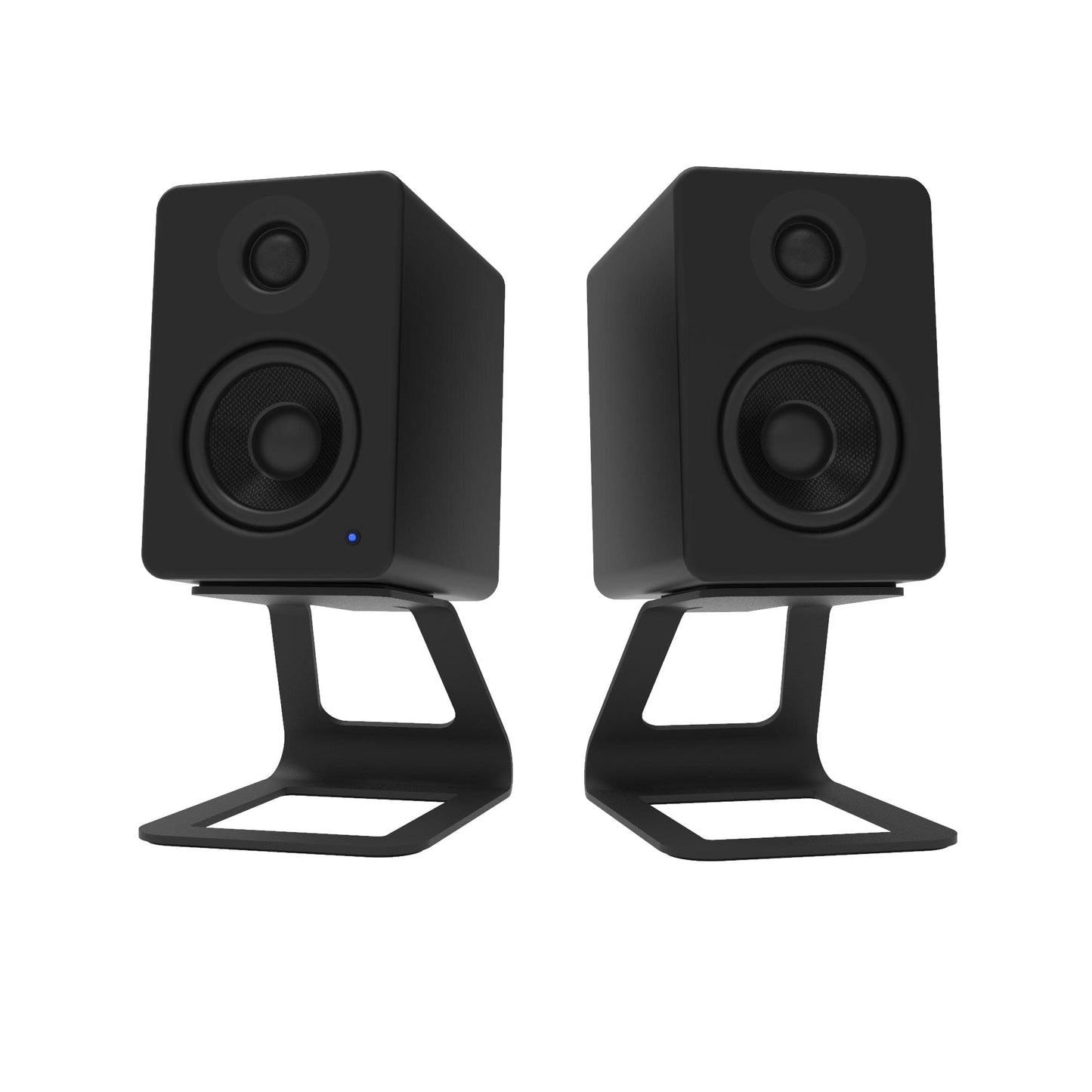 Pair of black desktop speaker stands holding two small bookshelf speakers, angled upward