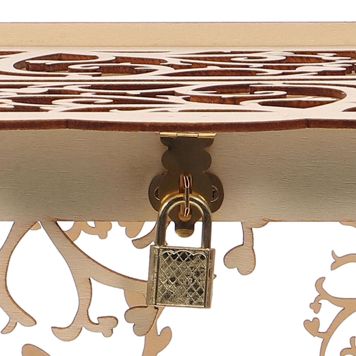 Brass padlock on wooden lock box with decorative cutout shapes, khaki