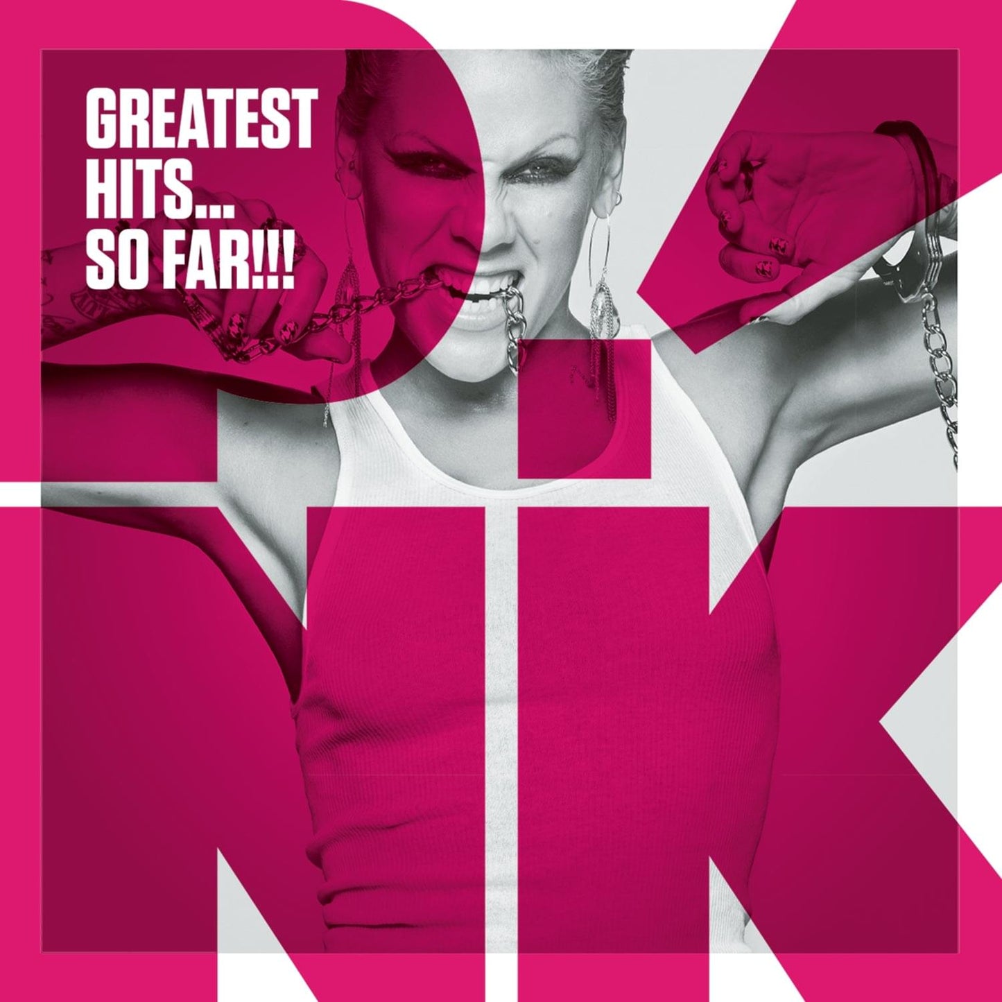 P!Nk Greatest Hits... So Far!!! CD album cover, pink geometric collage with face photo