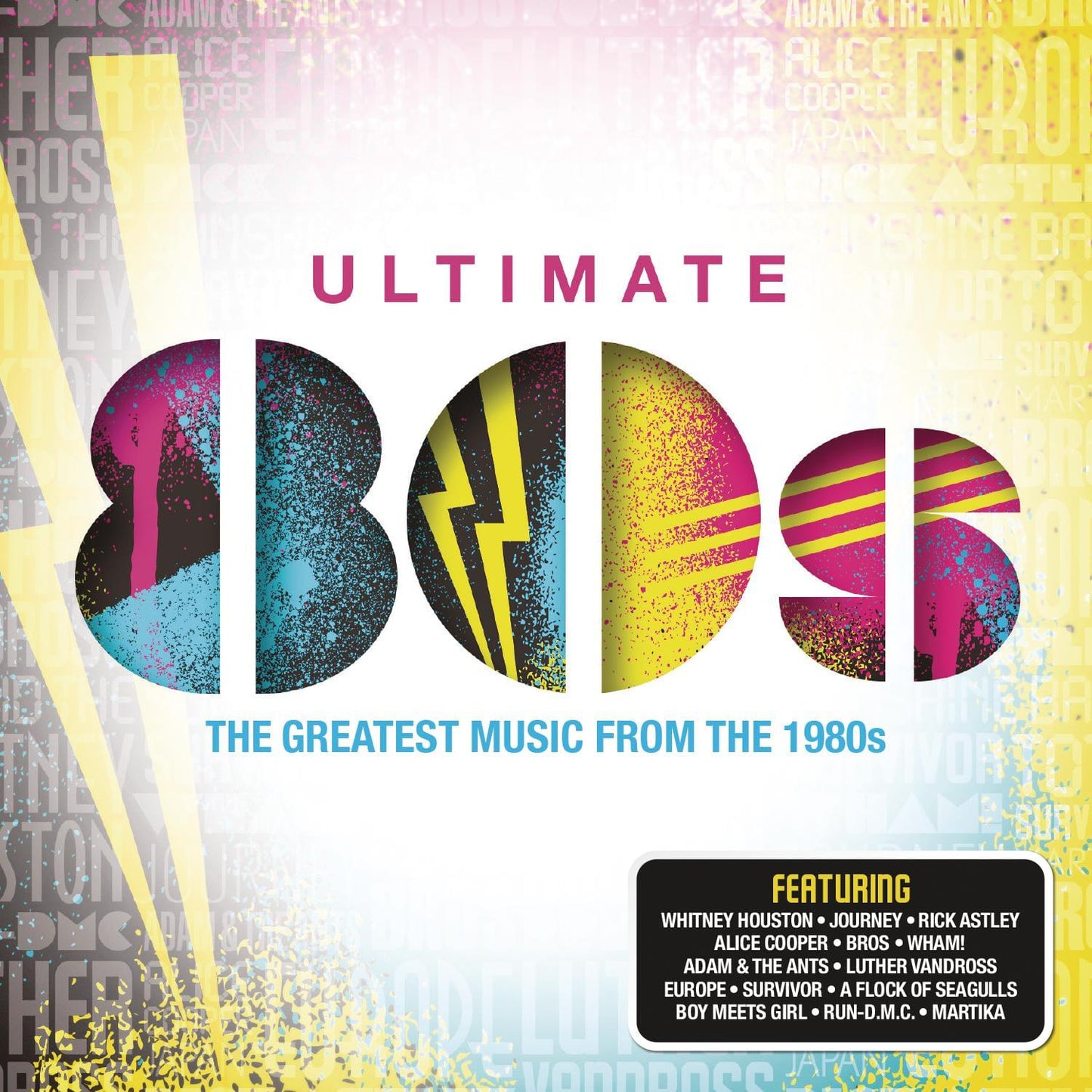 Ultimate 1980s greatest music CD album cover with colorful glitter letters and title text