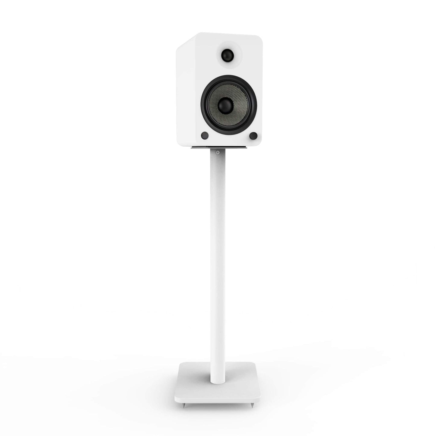 White bookshelf speaker on a tall floor stand with square base