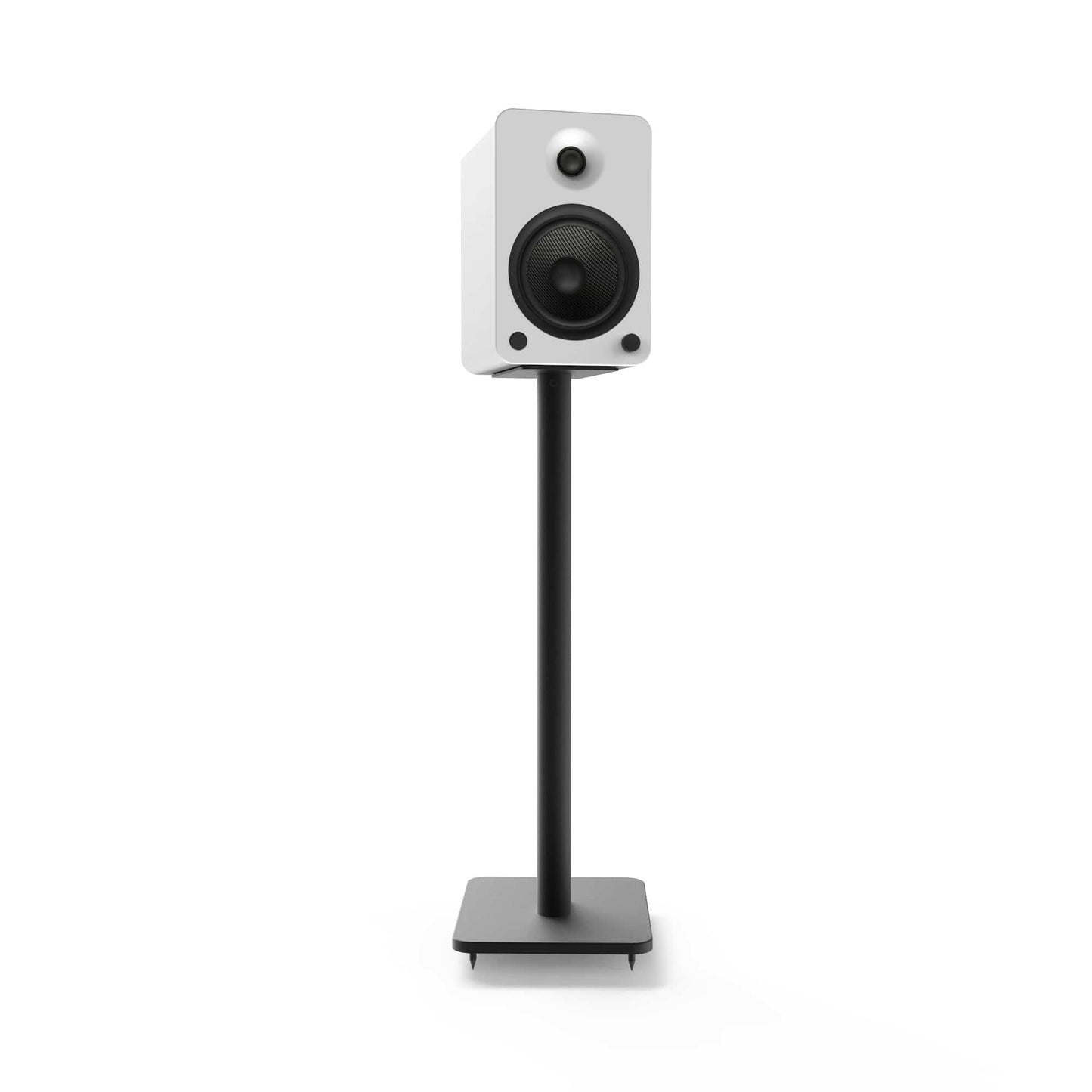 Black floor speaker stand holding a compact bookshelf speaker