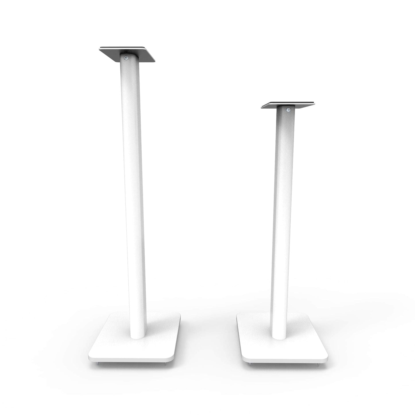 Pair of white speaker floor stands with dark square tops and wide flat bases
