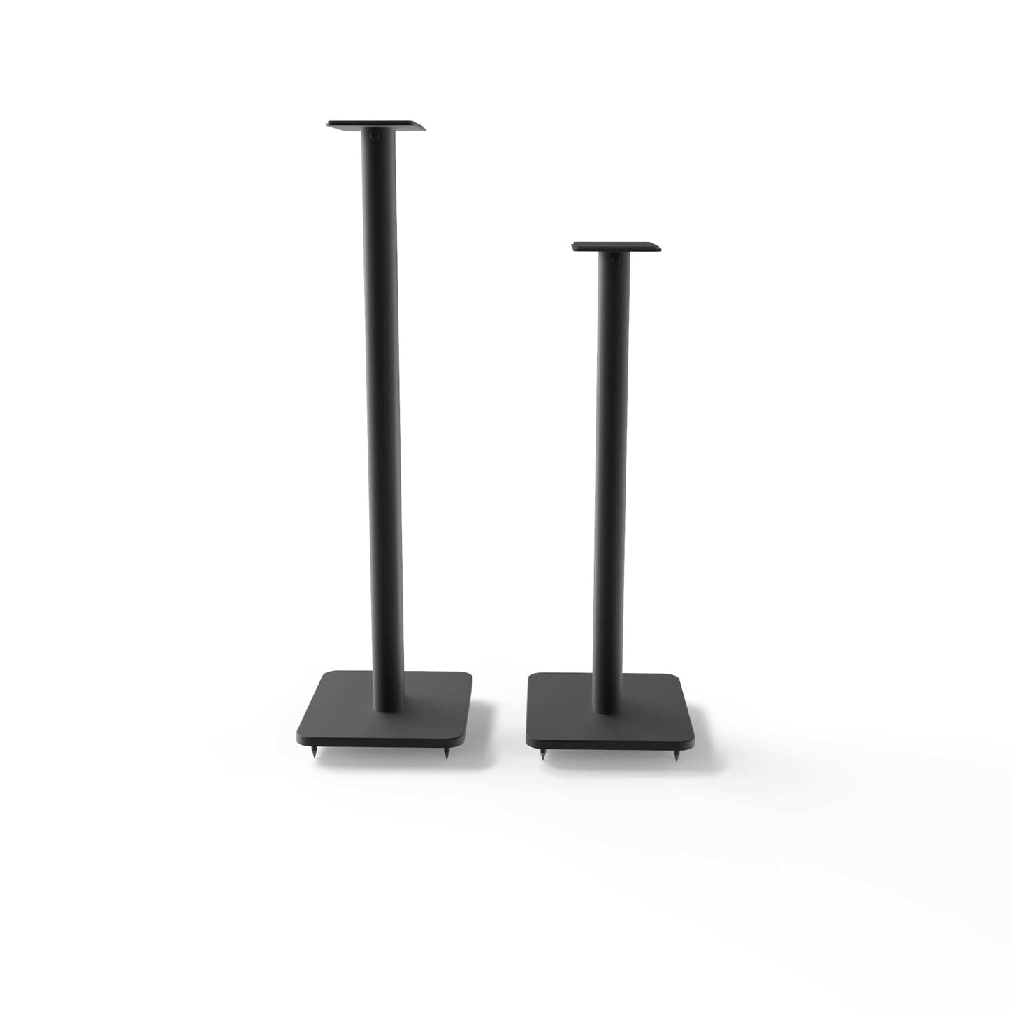 Pair of black tall speaker stands with flat square top plates and square bases