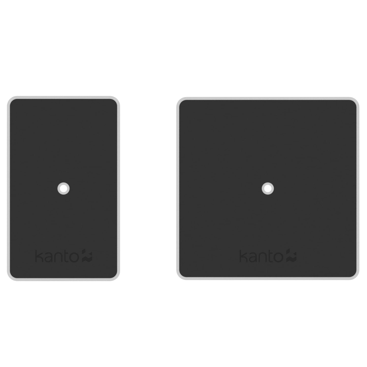 Pair of black speaker stand mounting plates with central hole and Kanto logo