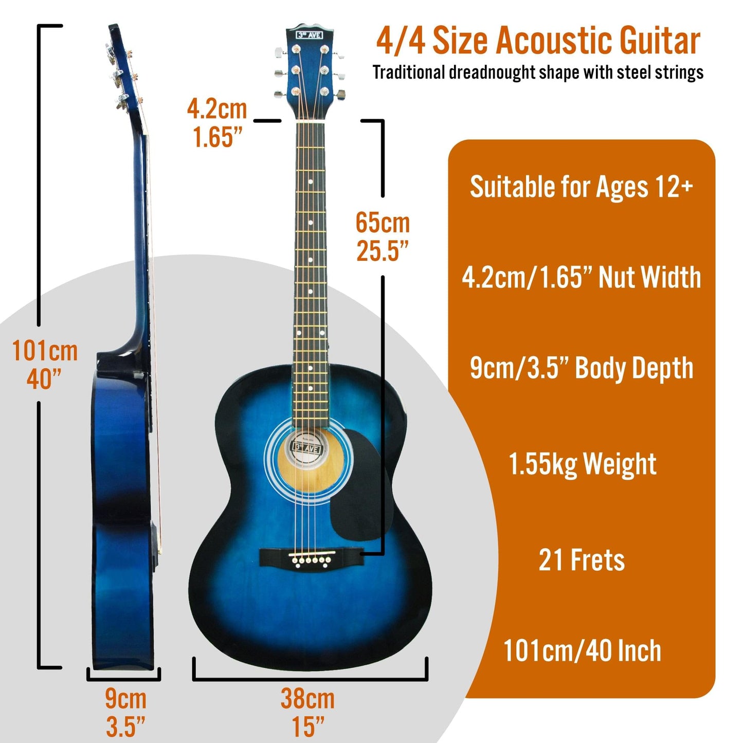 Full view of a blueburst acoustic guitar with steel strings and tuning pegs