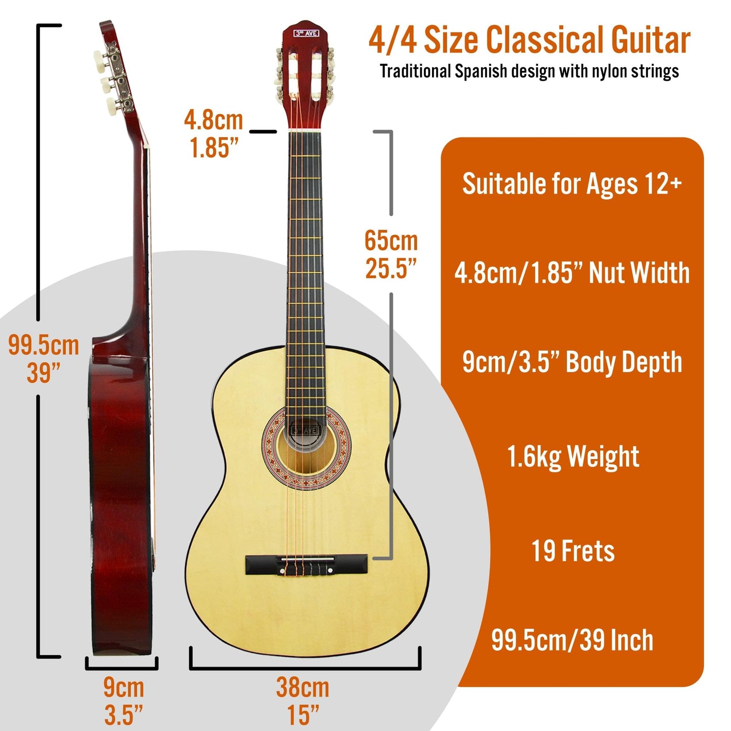 4/4 size natural classical guitar with red headstock and nylon strings