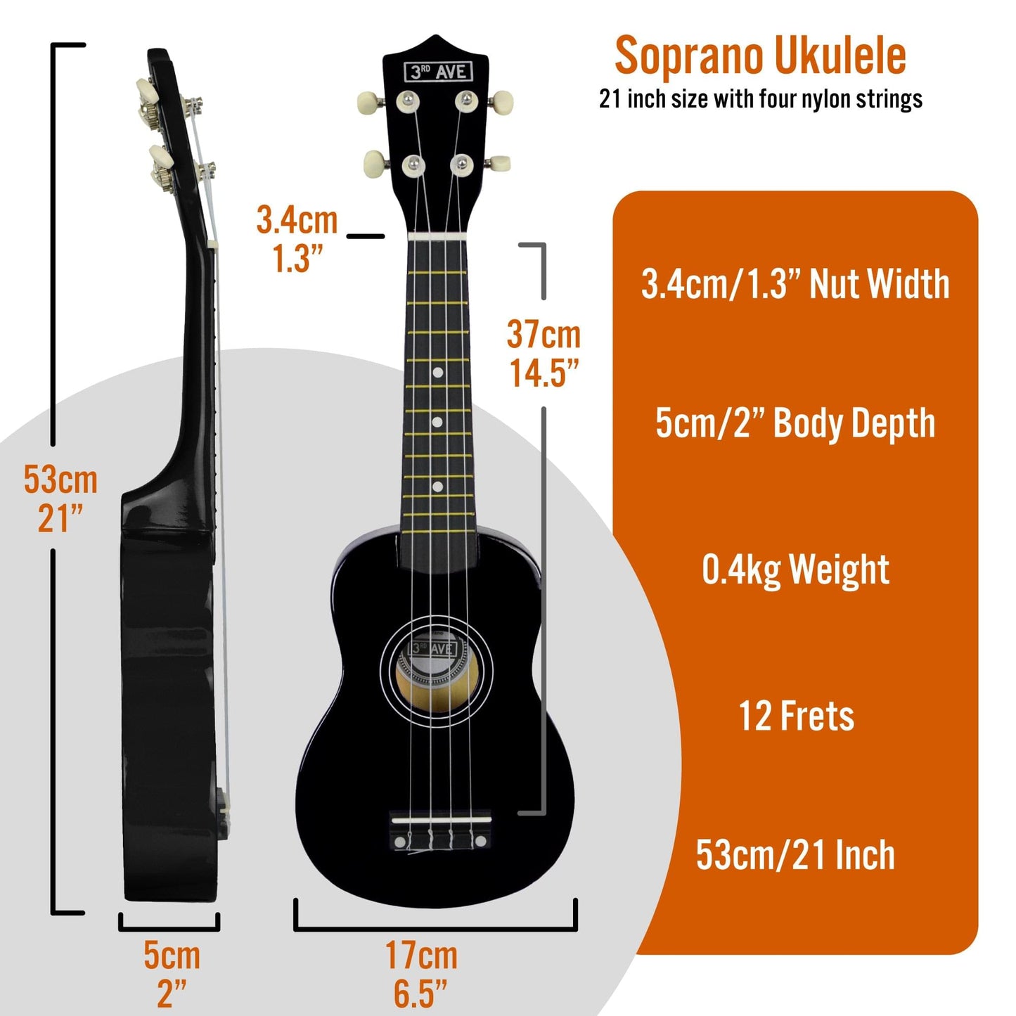 Black soprano ukulele size diagram with front view and side view