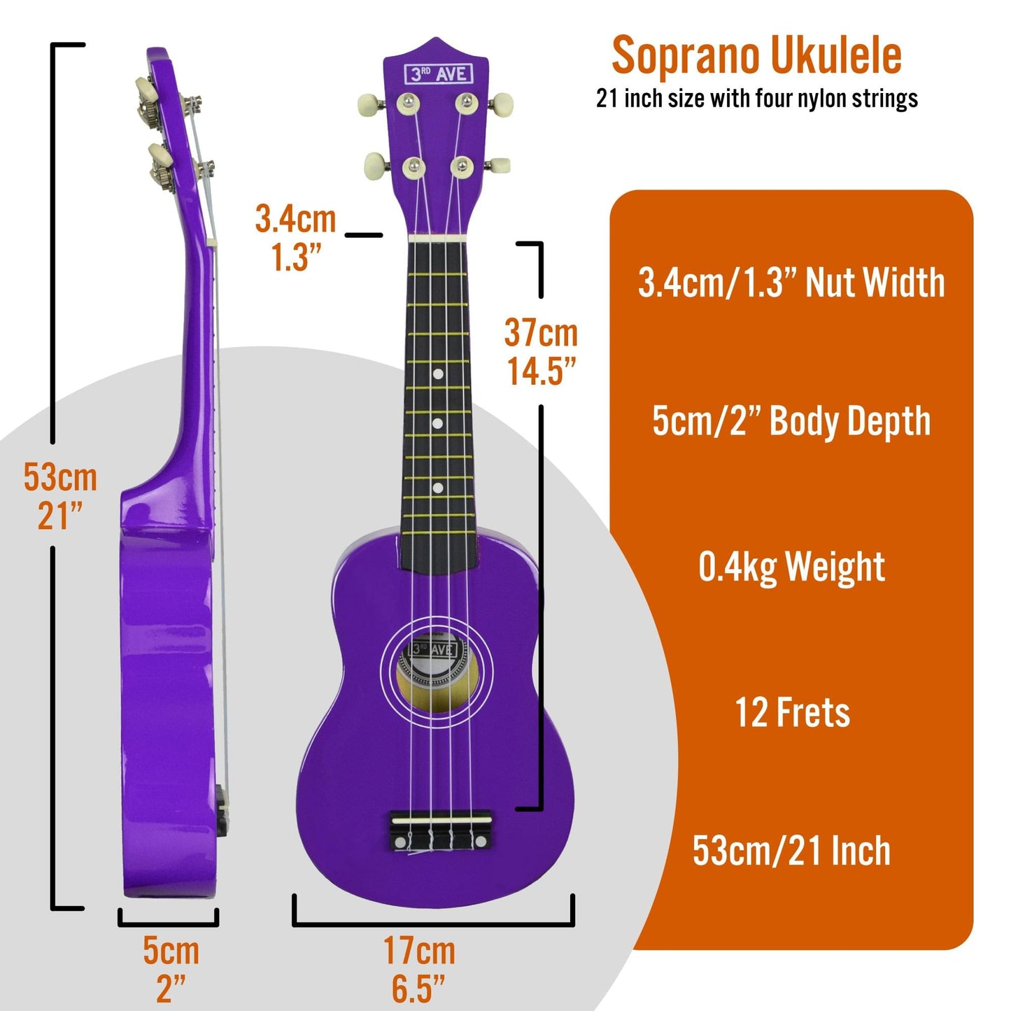 Purple soprano ukulele size chart with 12-fret, 21-inch dimensions
