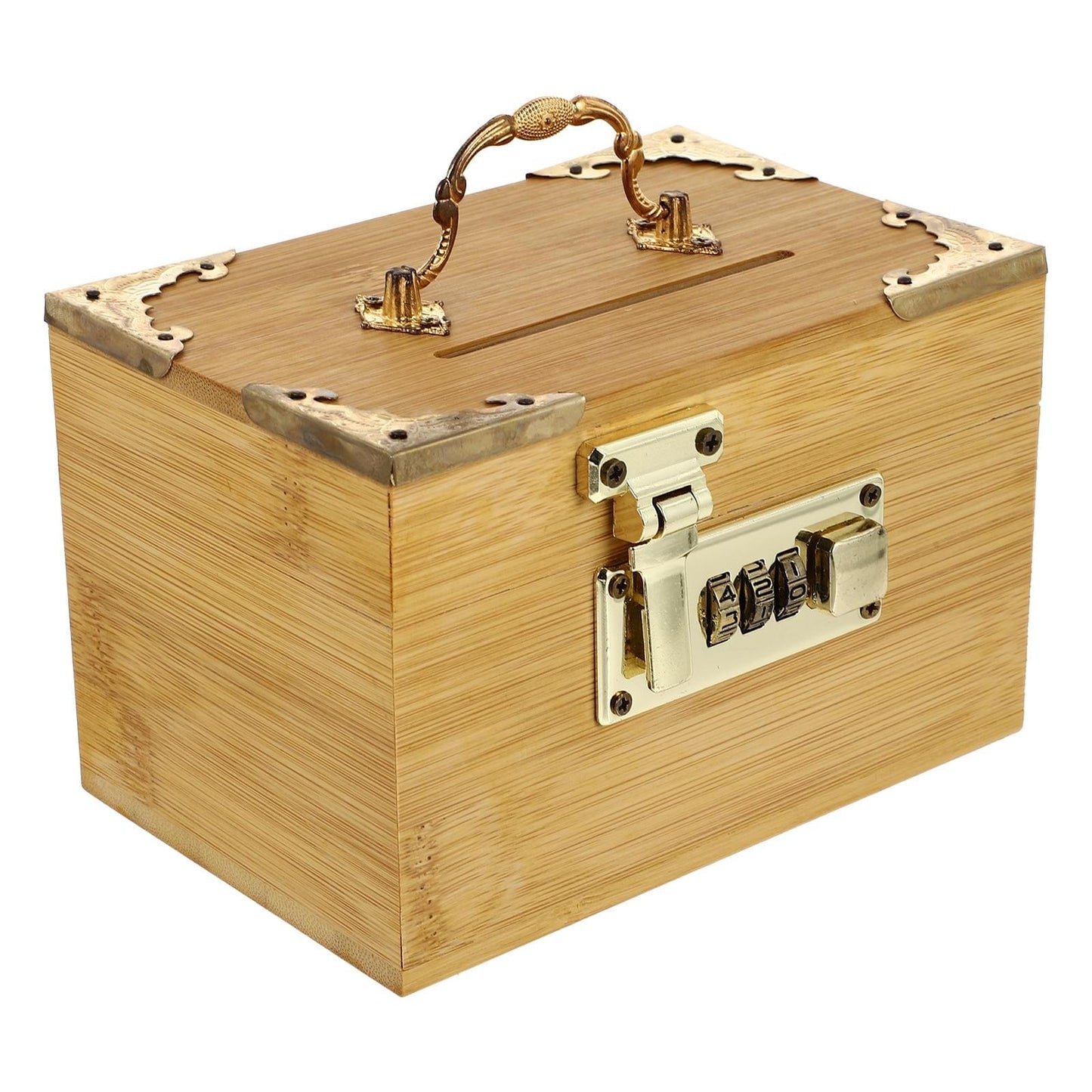 Wooden storage box with arched handle, decorative corner mounts, and password lock