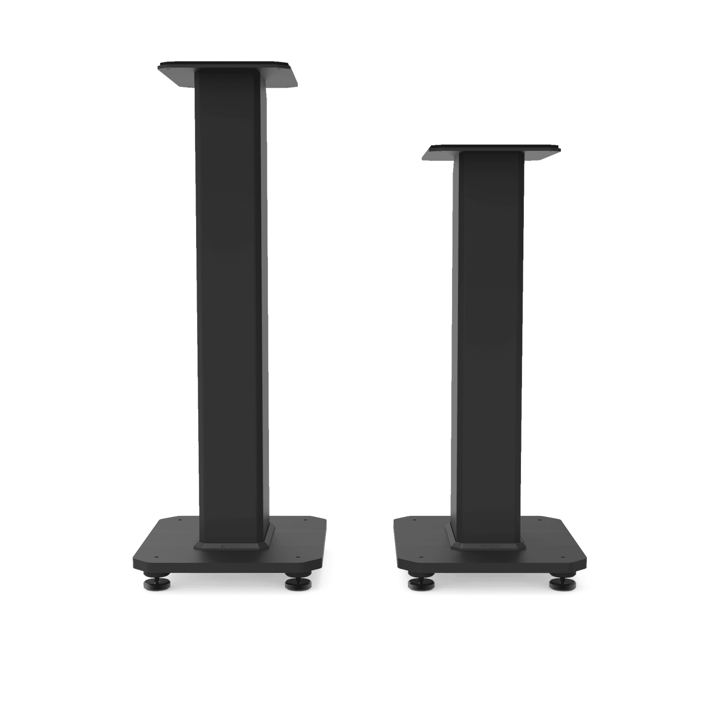 Black speaker stand pair with tall posts and wide stable bases, side view