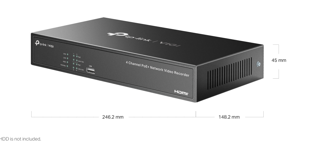 TP-Link VIGI NVR1004H-4P 4 Channel PoE+ Network Video Recorder – 4K HDMI Output, 53W PoE Budget, H.265+, 10TB HDD Support