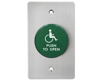 Stainless Steel Wheelchair Symbol Push‑to‑Open Plate with 50 mm Green Low‑Profile Mushroom Button – 12 VDC