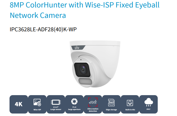 Uniview IPC3628LE-ADF28K-WP 8MP OWLVIEW Turret 2.8mm Fixed Lens Network Camera 4K 8MP CCTV Camera with ColorHunter & Wise-ISP