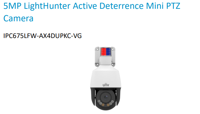 Uniview IPC675LFW-AX4DUPKC-VG 5MP LightHunter Active Deterrence Mini PTZ Camera – Auto-Tracking, 4X Zoom, 50m Smart IR, Built-in Mic & Speaker, IP66, PoE (Easy Series)