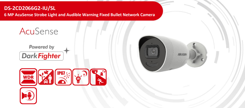 Hikvision DS‑2CD2066G2‑IU/SL 6 MP AcuSense Strobe & Audible‑Warning Bullet Network Camera (IP67, DarkFighter, H.265+)