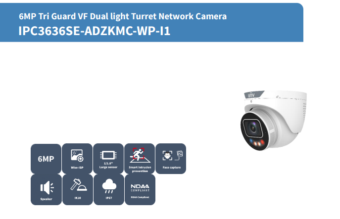 Uniview IPC3636SE-ADZKMC-WP-I1 6MP ColorHunter TriGuard Turret Camera – Dual Light, Smart AI, IK10 Vandal-Proof, IP67