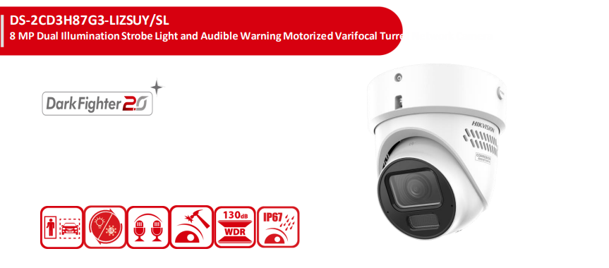 Hikvision DS-2CD3H87G3-LIZSUY/SL 8MP Motorised Varifocal Turret Network Camera with DarkFighter 2.0, Smart Hybrid Light, Strobe Alarm, Two-Way Audio, IP67 & IK10