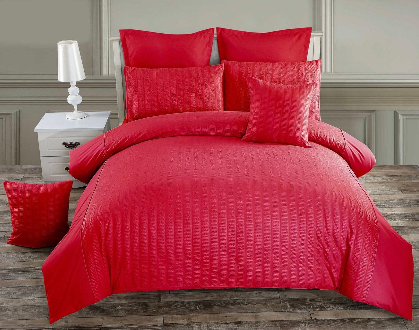 Red seersucker quilt/duvet cover set with matching shams and pillowcases