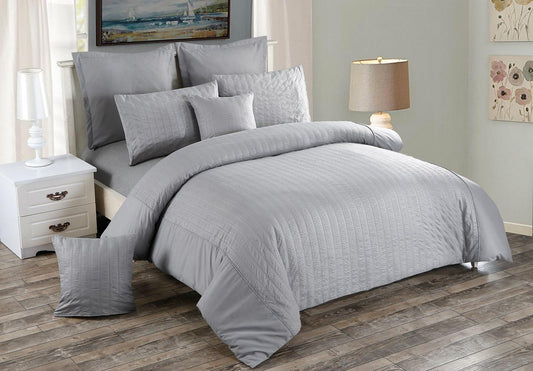 Grey seersucker duvet quilt cover with pillow shams, subtle vertical stripe texture