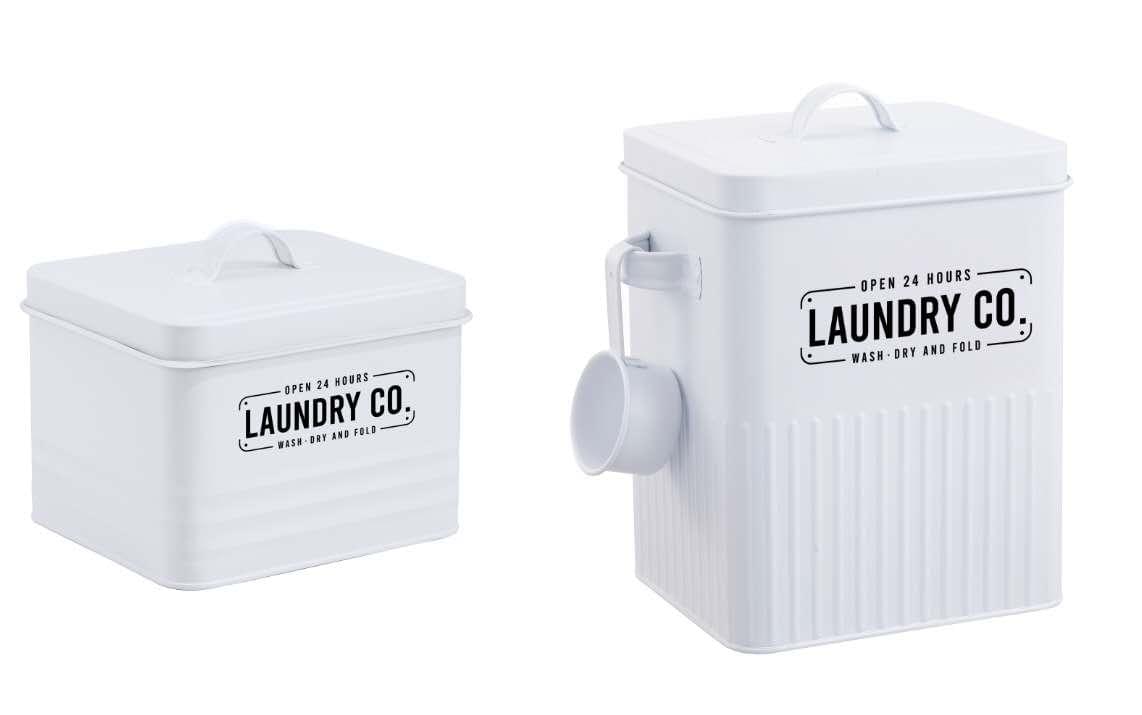 Set of 2 white metal laundry powder storage buckets with hinged lids