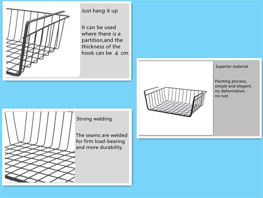 Black wire hanging basket organizer with top hook and open front rack