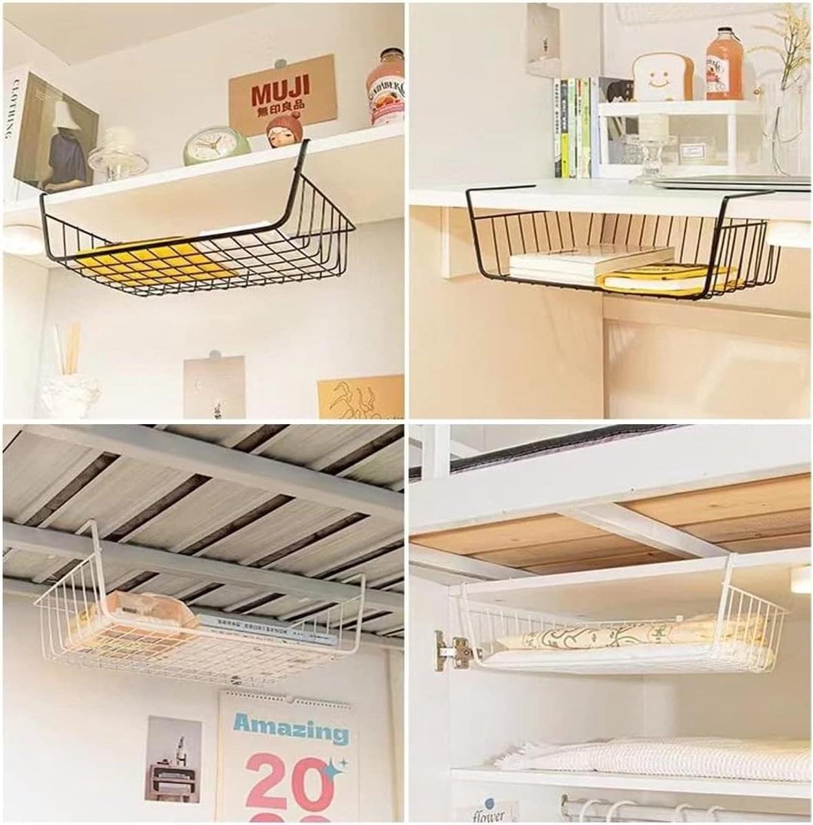 Black wire hanging basket organizer mounted under a shelf with open grid base