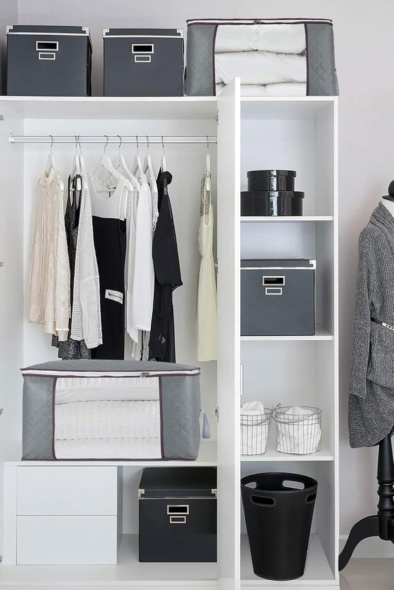 Grey storage bag set with clear window, shown open and closed in wardrobe