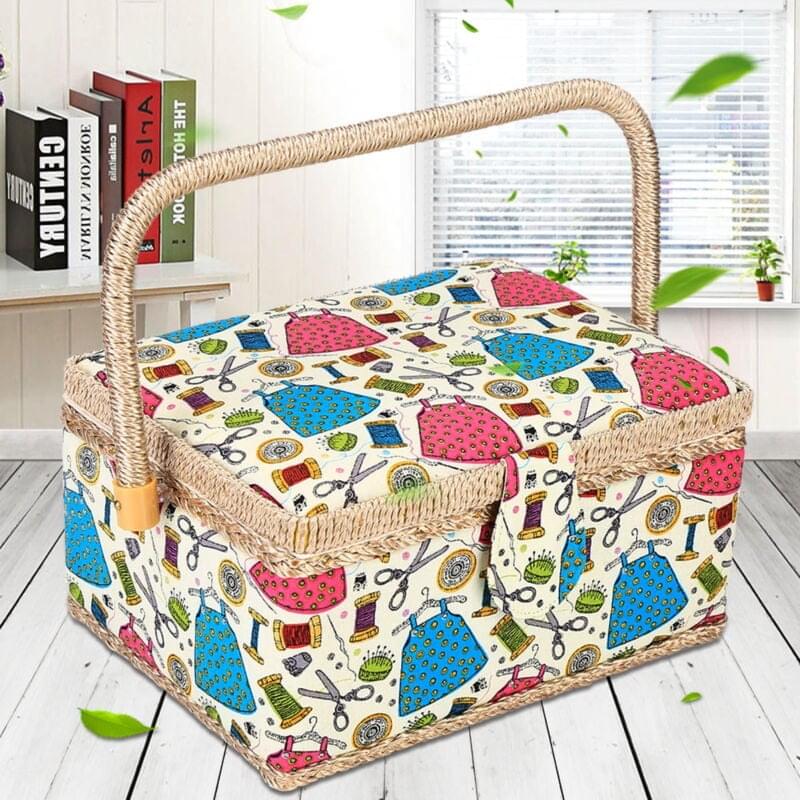 Sewing accessories basket with removable tray, patterned fabric, closed top lid