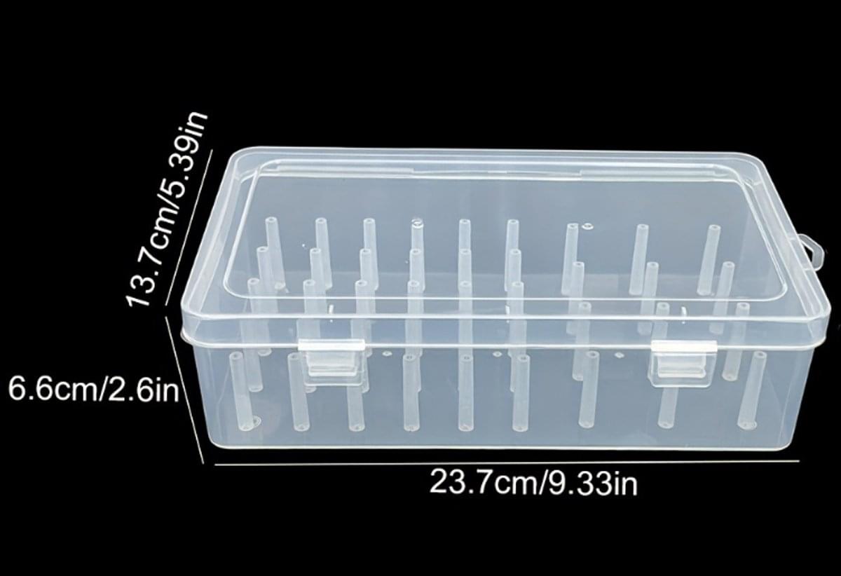 Transparent thread spool storage box with snap lid and rowed divider pegs