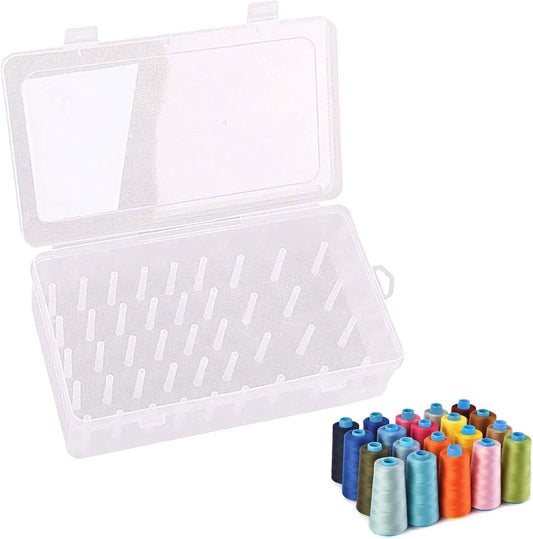 Transparent thread spool storage box, open with divided tray and empty slots