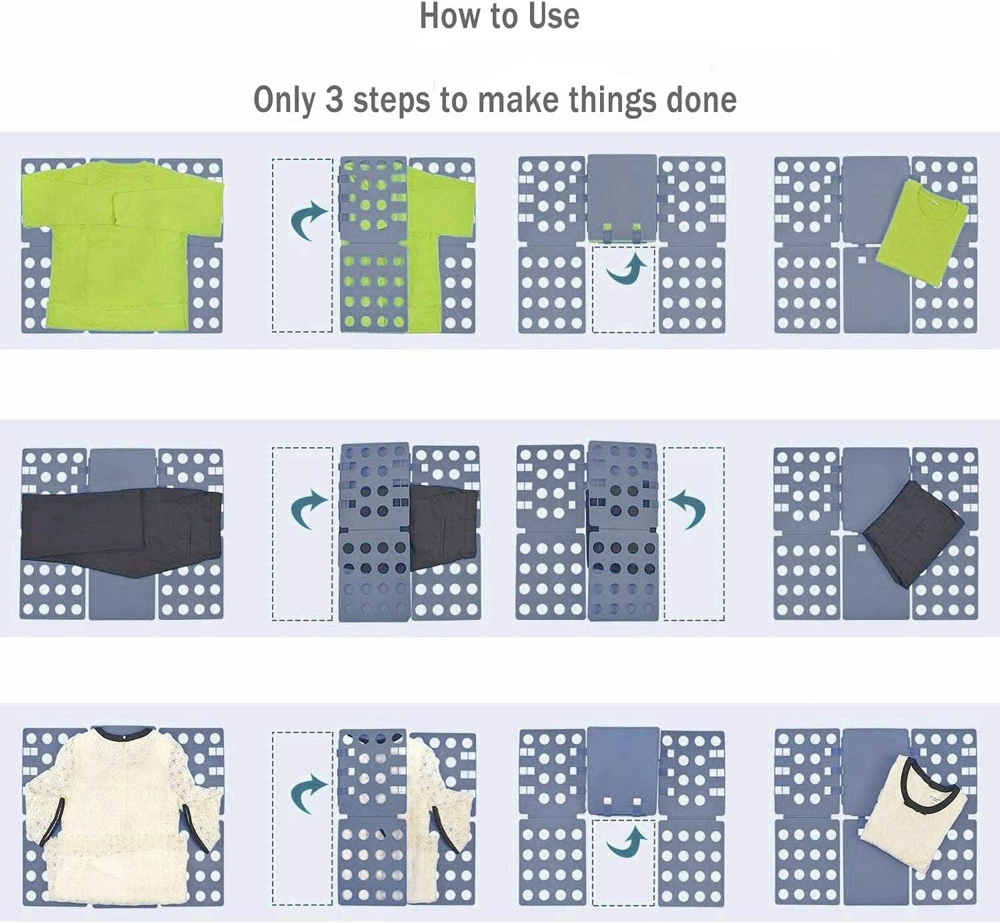 How-to panel set showing folding board steps with folded T-shirts