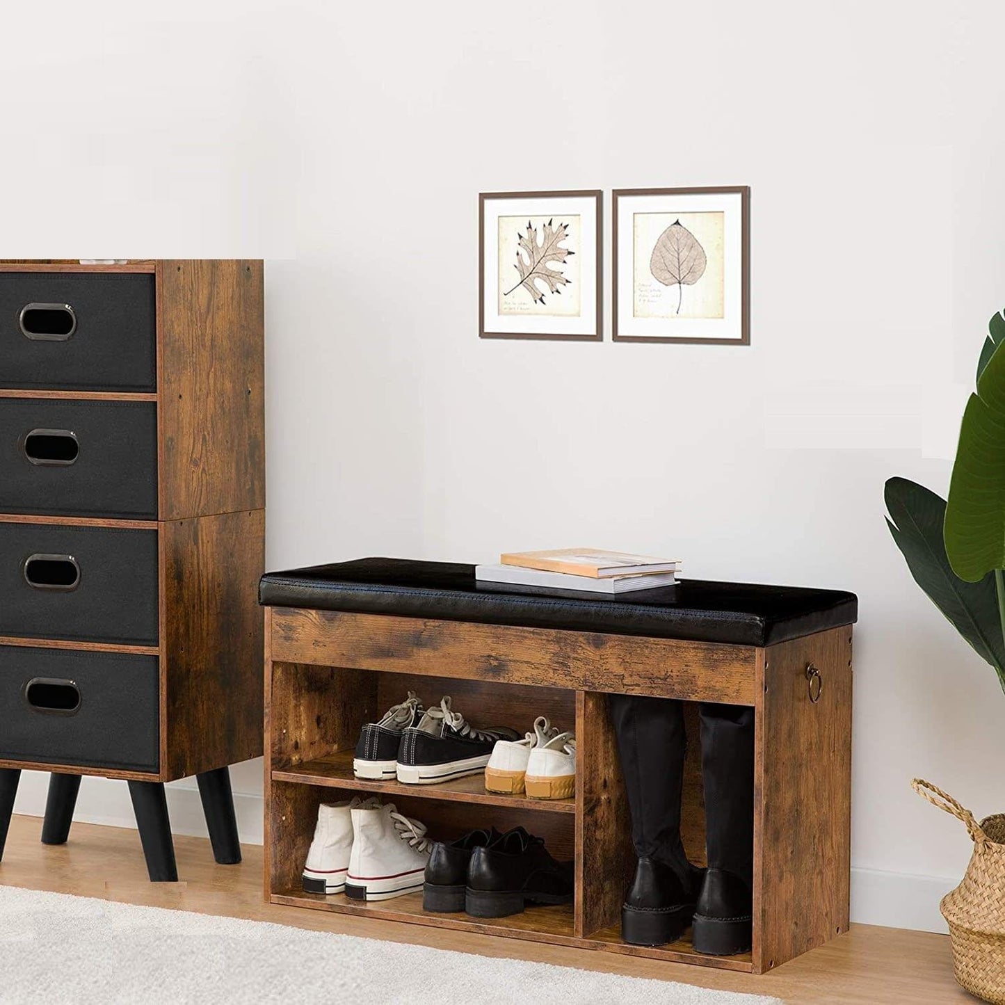 Shoe storage bench with black padded top, open cabinet showing shoes and tall boots
