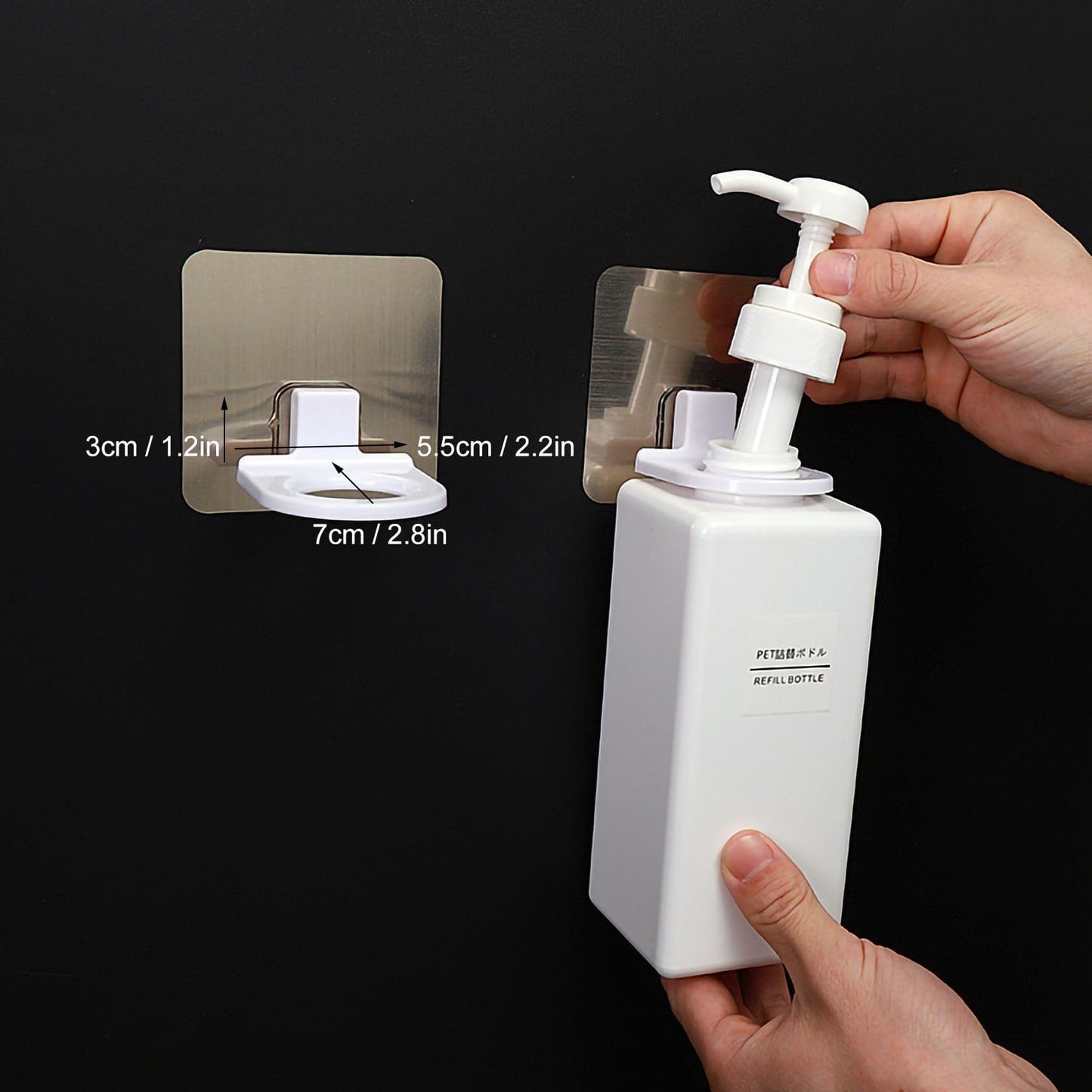 Self-adhesive shower gel bottle holder, white soap pump dispenser held by hand