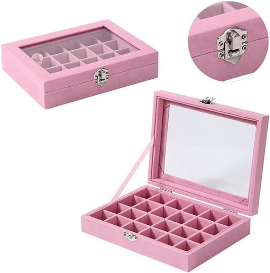 Velvet jewelry box with glass lid, pink, with hinge detail and open 24-compartment tray.