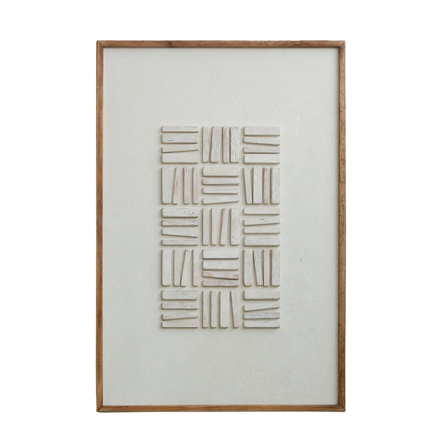 Ready-to-hang wall art with light wood frame and stacked abstract relief design