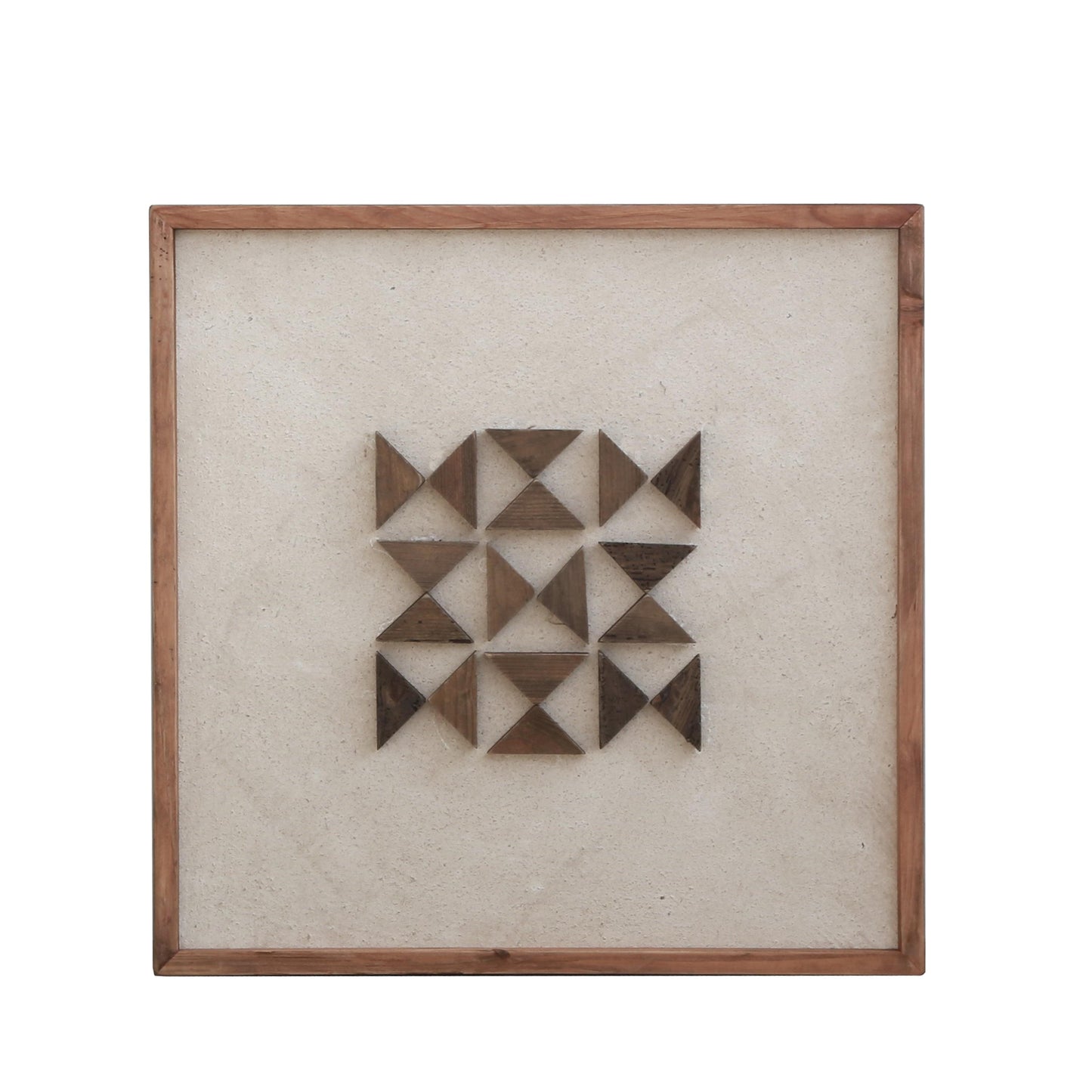 Square ready-to-hang wall art with wooden frame and beige geometric wood mosaic on light backing