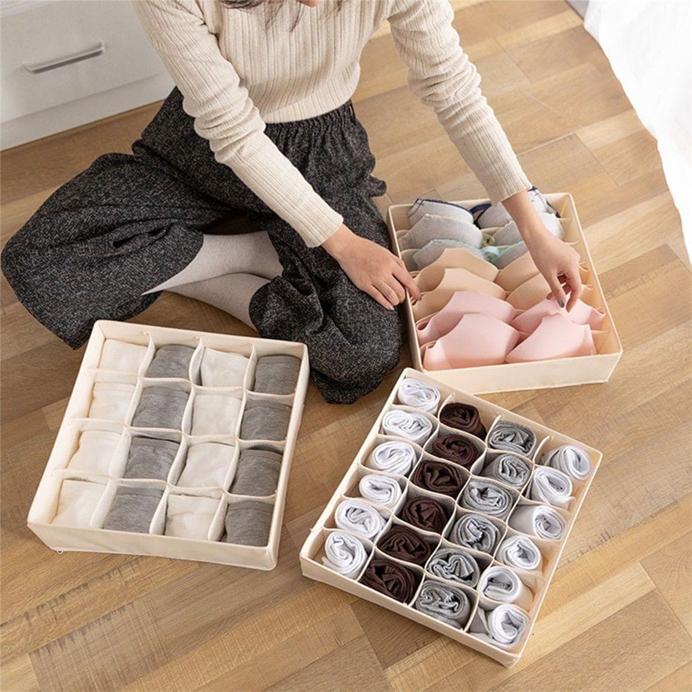 Beige sock organizer set with grid compartments for folding and storing socks