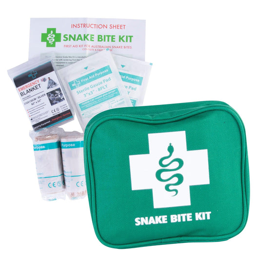 Green zippered snake bite kit pouch with medical cross and snake icon, front view