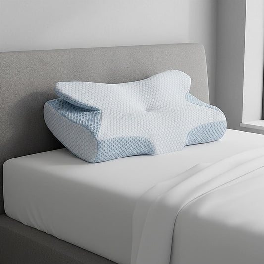 Soft cervical pillow on a bed with blue side contours and raised head support