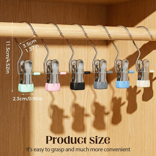 Stainless steel boot hanger clips with black and pastel colored clamps