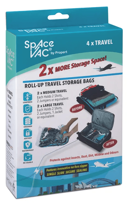 Teal box for roll-up travel storage bags showing protected items and icons