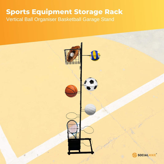 Vertical ball organizer rack with wire baskets and side ball-hoop holders