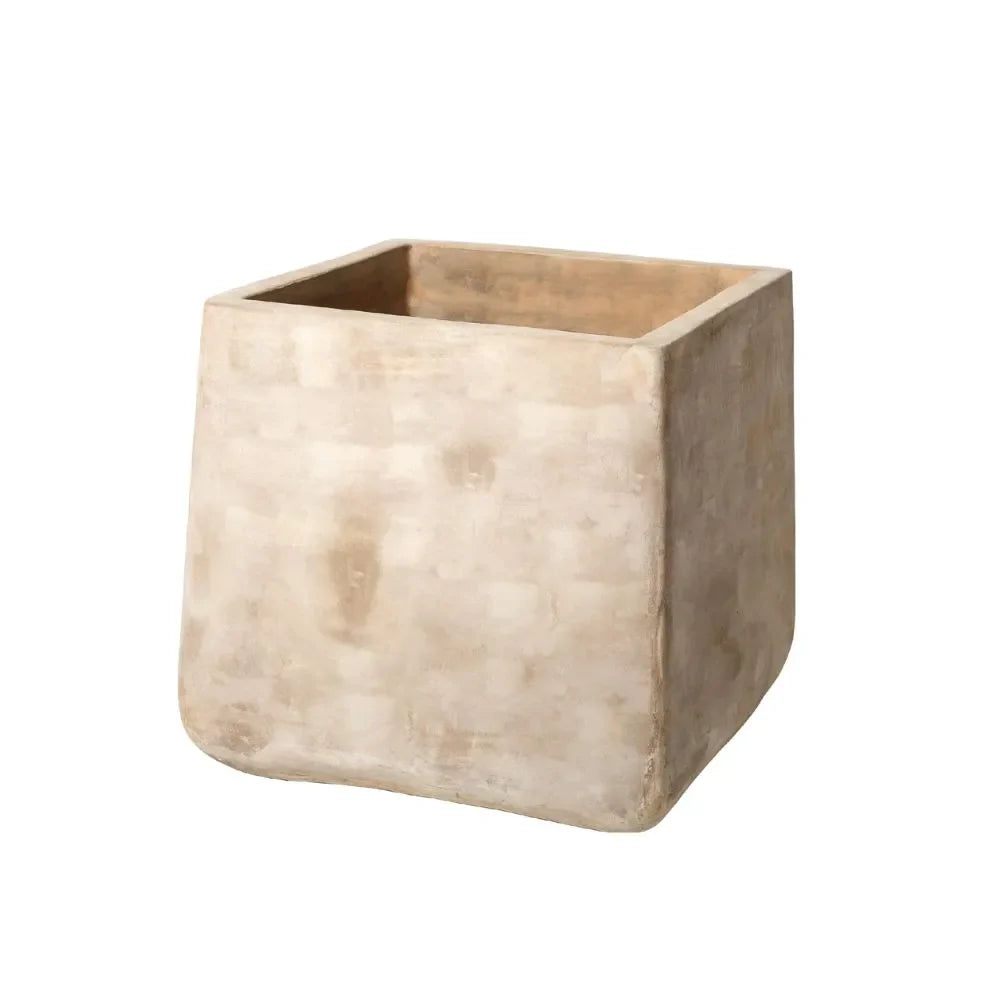 Beige concrete squircle planter pot with rounded corners and open top