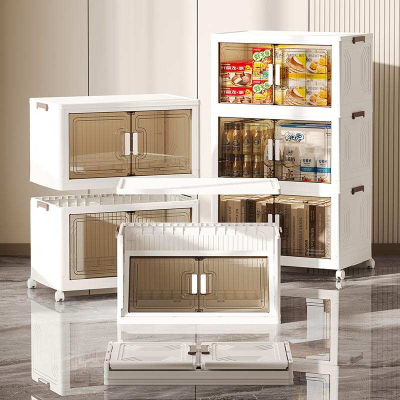 White 3-tier storage cabinet with transparent door panels, open compartments, and wheels