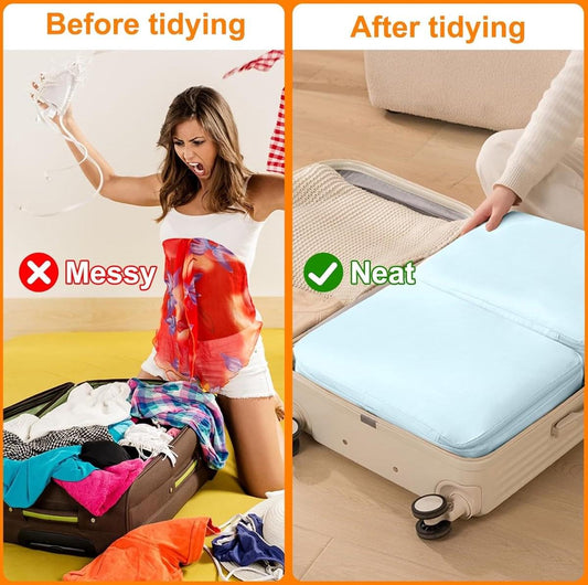 Light blue compression storage bag laid flat with zipper on top